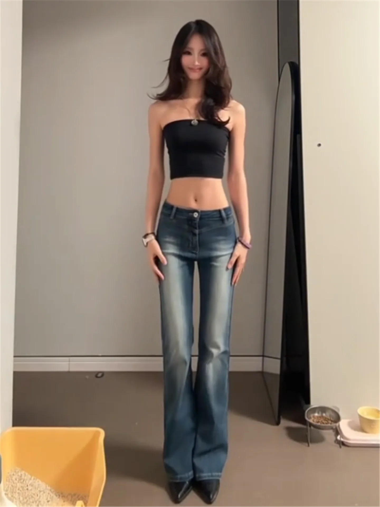 

Retro American Deep Blue Mid-Low Waist Flared Jeans Women's Slimming Vintage Washed Floor-Length Casual Cotton Denim