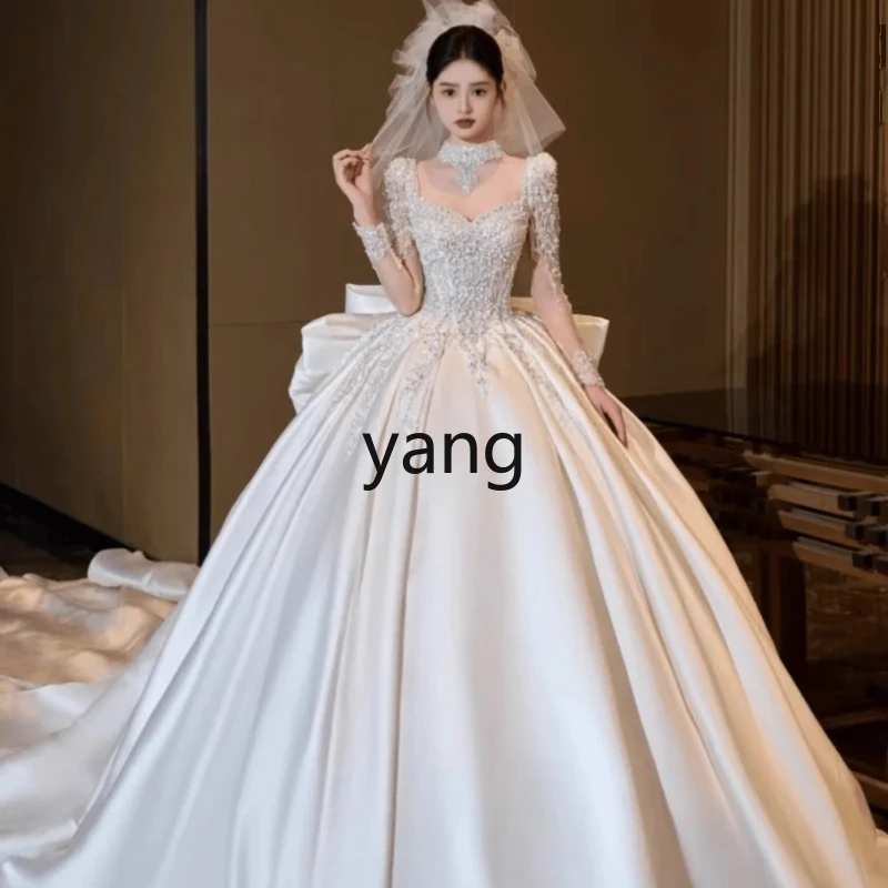 

LMM satin main wedding dress bride long sleeve French spring small trailing out yarn light