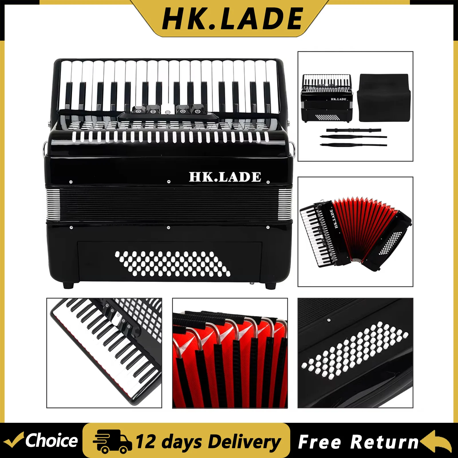 HK.LADE Accordion Professional 34 Keys 60 Bass Accordion with Bag Strap Keyboard Instrument for Grading Performance/Teaching