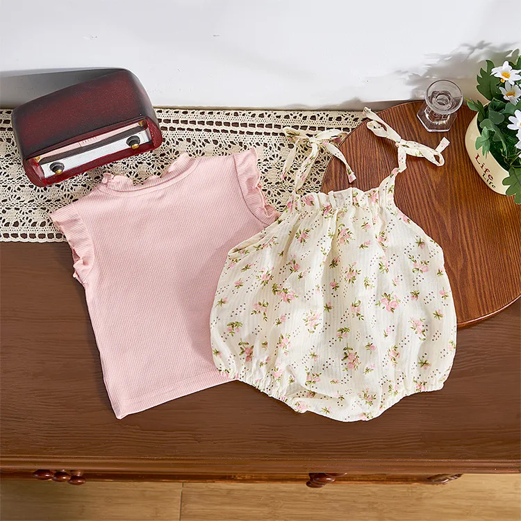 Summer infants and toddlers go out one-piece fart clothes girls baby cool vest floral suspenders overalls set