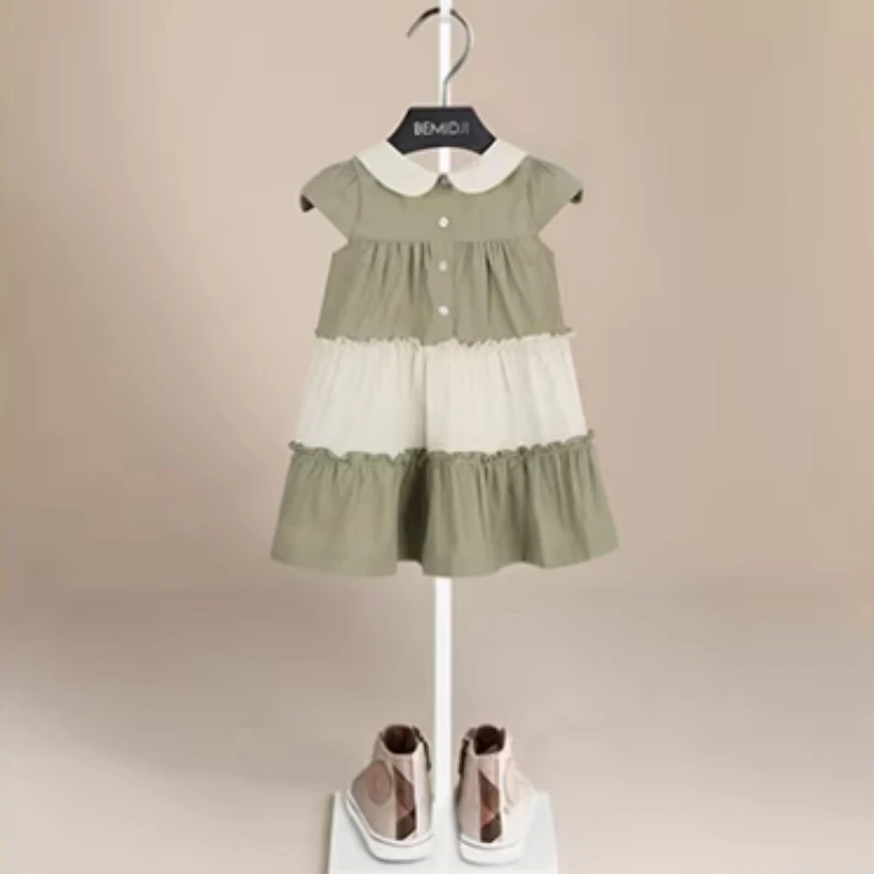 Korean Version Fashion Patchwork Gradient Color Lapel Sleeveless Cake Dress for Girls' Casual Clothes Summer New Item