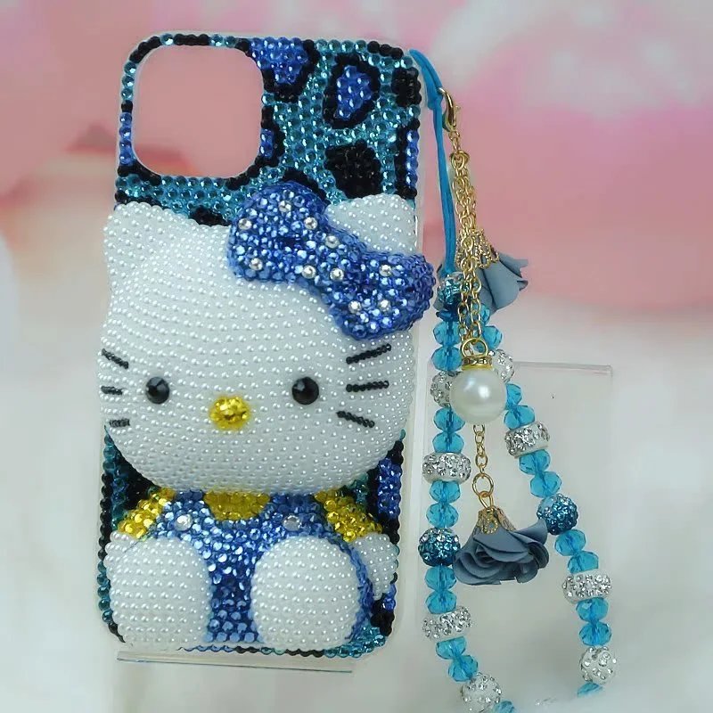 

Blue Rhinestone Bling Crystal Phone Case Chain for Iphone 17 16 12 13 14 15Pro Max X Xs Xr 7 8 Plus Se 2 3 10 Hello Kitty Kawaii