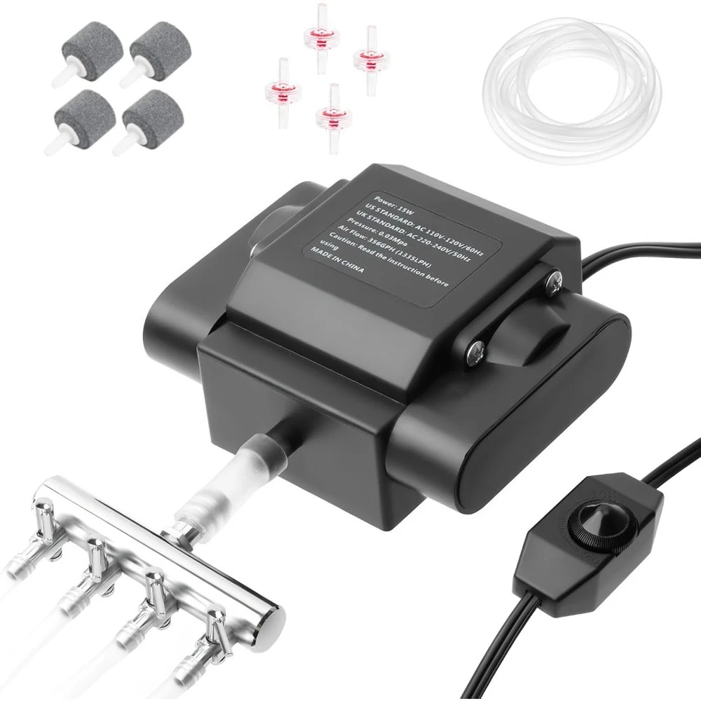 Powerful Aquarium Air Pump 4 Outlets Adjustable Oxygen Aerator for Pond Hydroponics with Air Stone Tube Valves Up to 1000Gal