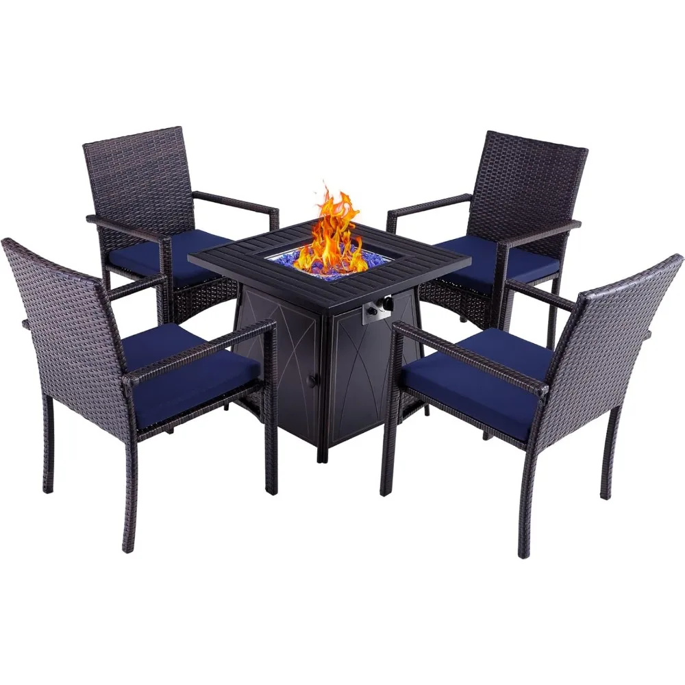 Outdoor 5 Pieces Dining Set with 1 Square Gas Fire Pit Table and 4 PE Rattan Chairs, Modern 2 in 50000 BTU Patio Propane