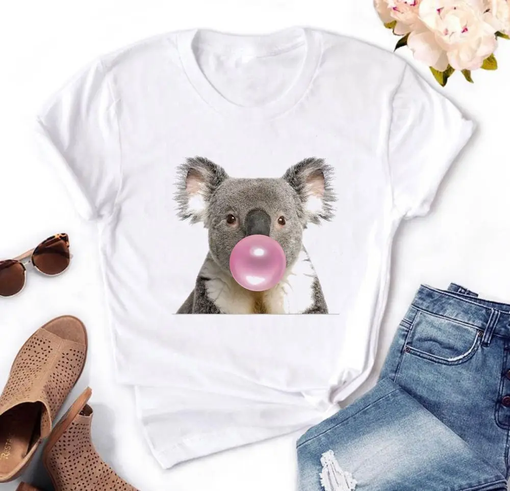 Koala Chewing Gum Print Women t shirt Summer Harajuku Casual Funny t-shirt White Hipster Tee Shirt