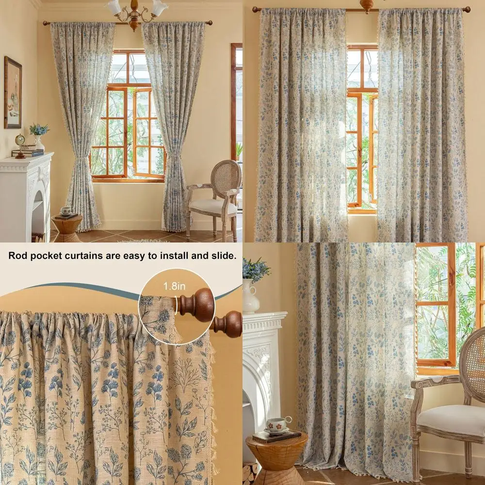 

96 длинных синих и бежевых цветочных штор, набор из 2 панелей для гостиной, темно-синие шторы с цветочным принтом, карман для стержней в стиле фермерского дома