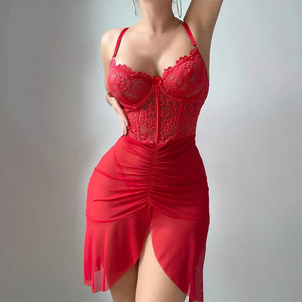 Fiesta romántica y sexy lencería encaje perspectiva seductora vestido de malla tanga conjunto de dos piezas