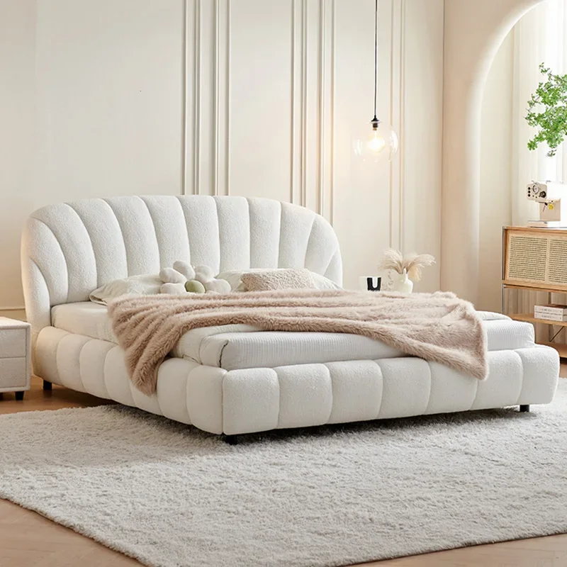 

Hot Selling French Modern Bed Cream Style Design Shell Bed Solid Wooden Fabric Bedroom Furniture King Size Hotel Soft Bed Set
