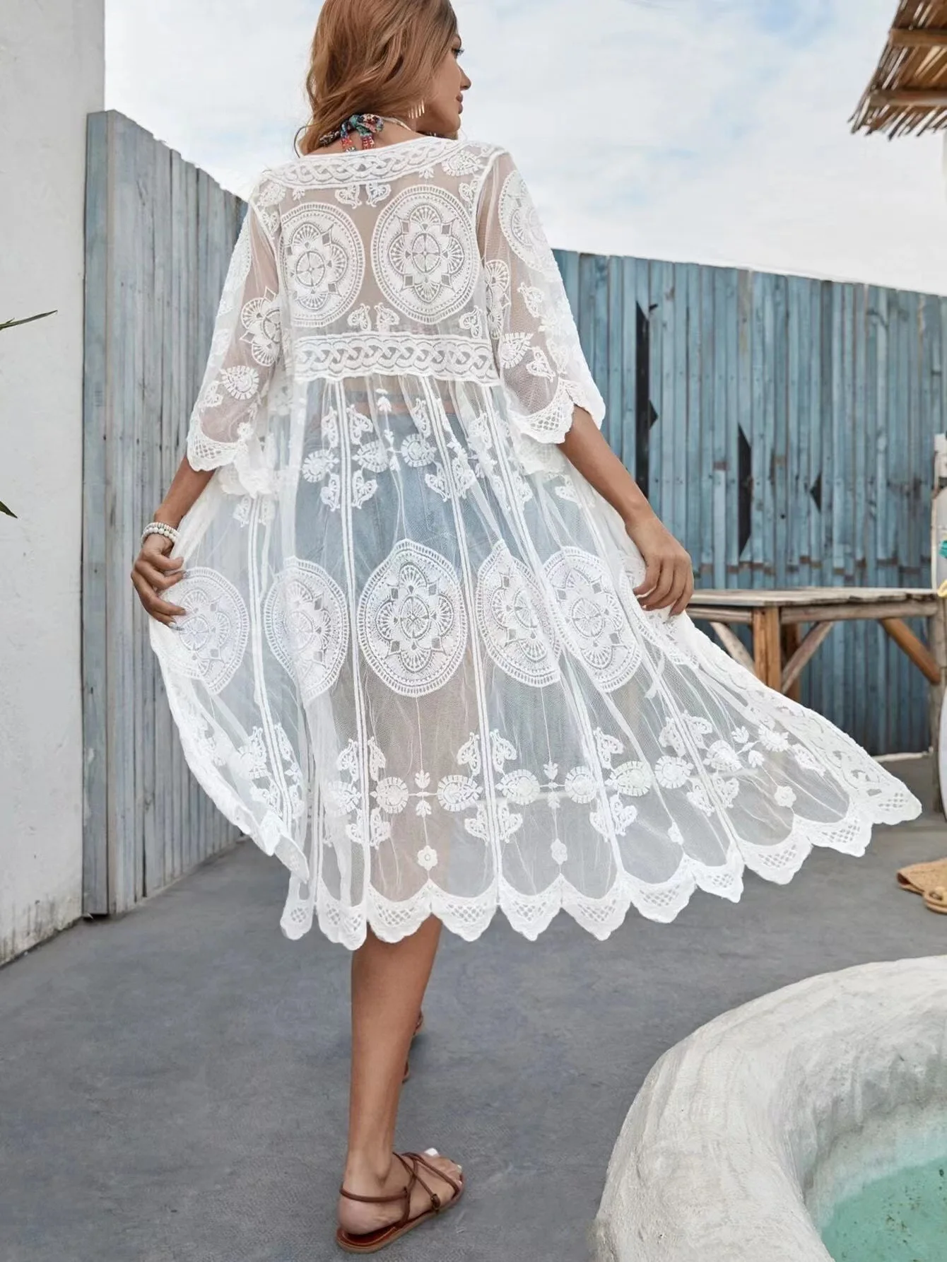 البوهيمي سيدة بيكيني للشاطئ التستر شير مطرزة الدانتيل رابطة عنق على شكل حرف v صبغ خفيفة الوزن سترة عطلة ملابس خارجية الشمس حماية