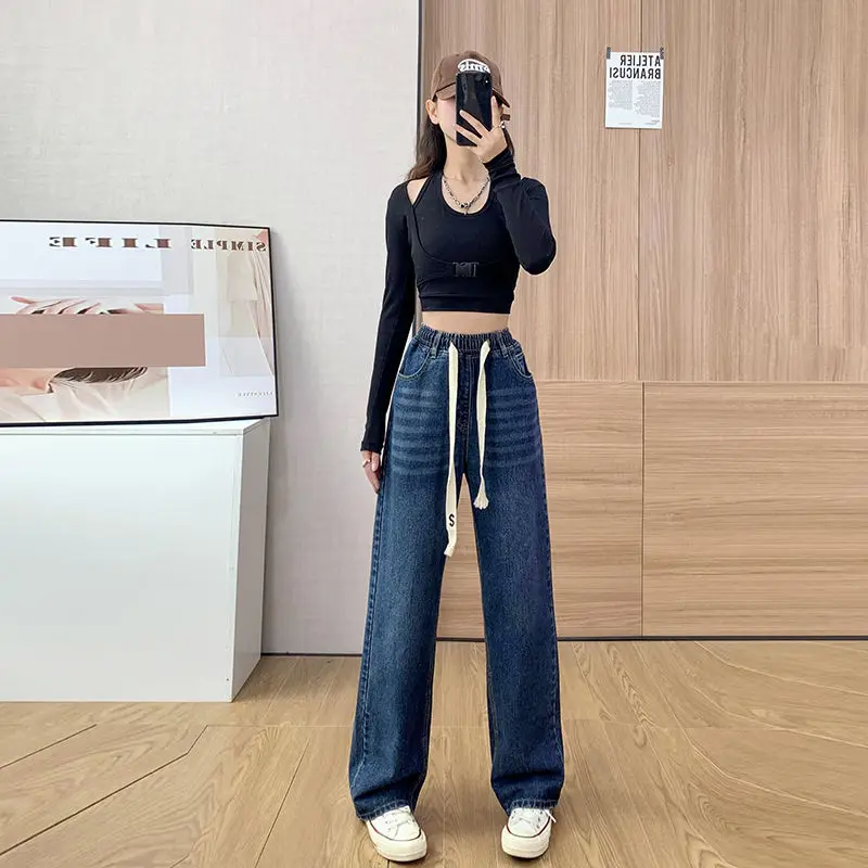 New 40.00 Kg-100.00 Kg Wearable Denim Trousers Women Thin Wide-Leg Straight Pants Loose Large Size High Waist Fashion Jeans