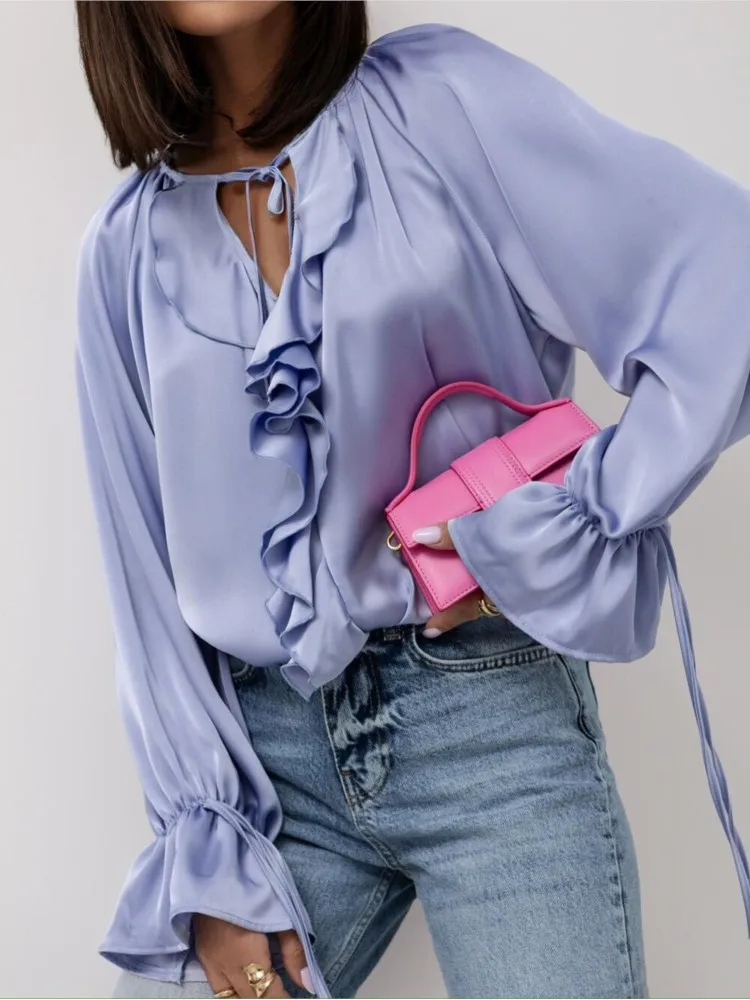 여성 패션 화이트 셔츠 우아한 사무실 긴 소매 V 넥 프릴 풀오버 루즈 셔츠 탑 여성 봄 여성 의류