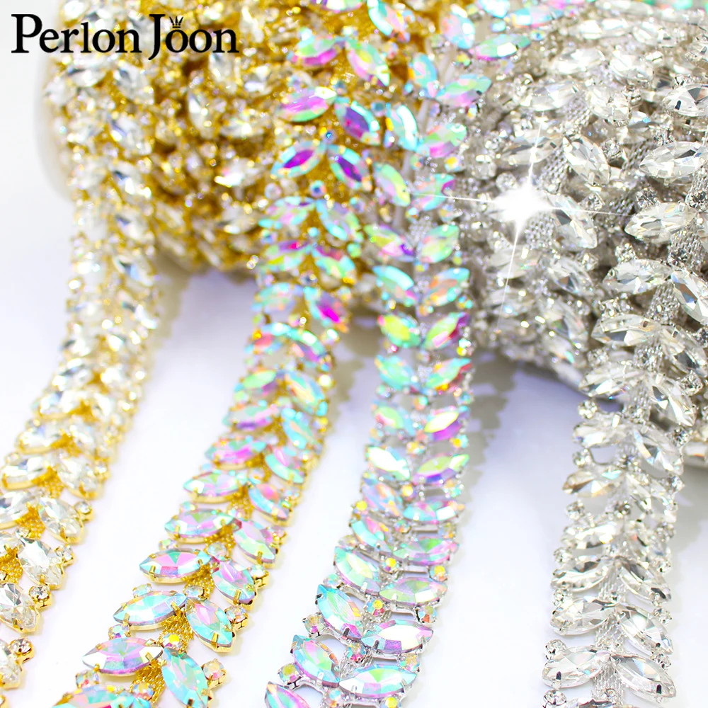 1 yard Flashing crystal leaves glass wedding shoes bags decorative accessories AB Rhinestone trim chain ML173