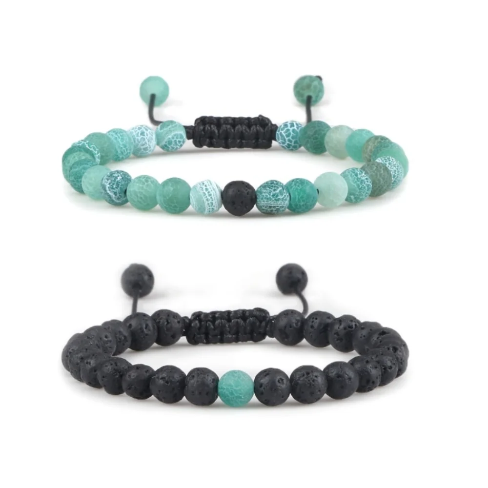 Natural Black Lava&Weathered Stone Bracelets For Men Women 6mm Beaded Braided Rope Bangles Adjustable Couple Style Jewelry Gifts