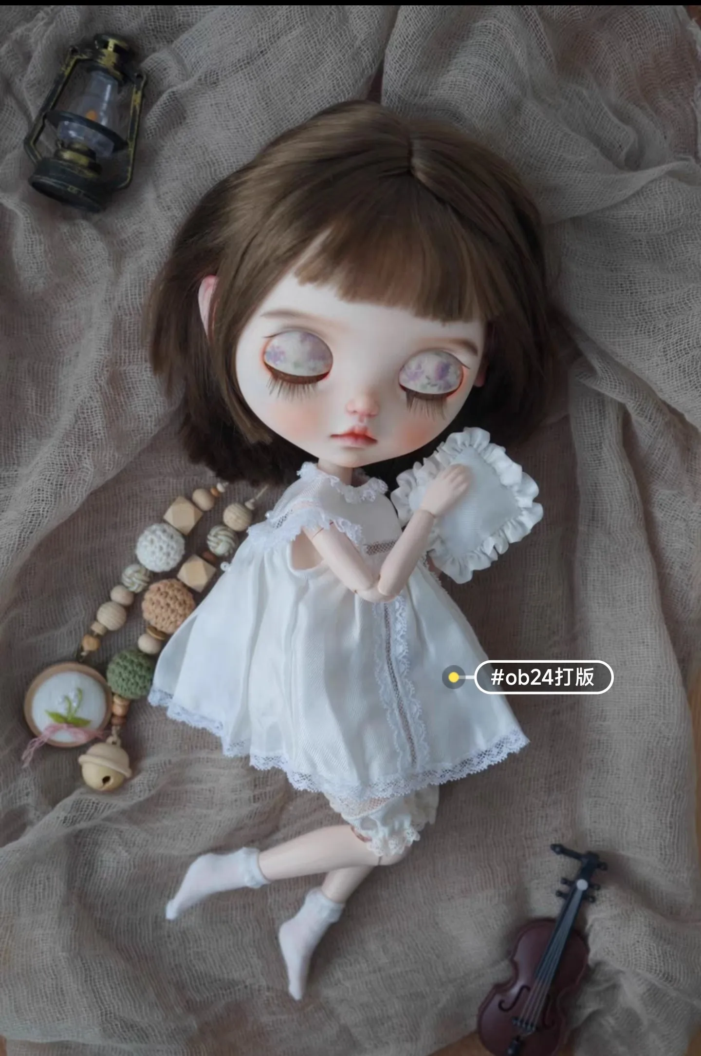 Blythe Princess's Pajamas Silk Splicing 3pcs Hollow Faurecia+Pajama+Pillow 1/6 30cm(Fit for azone,Pullip,Ob22/24/26, Licca)