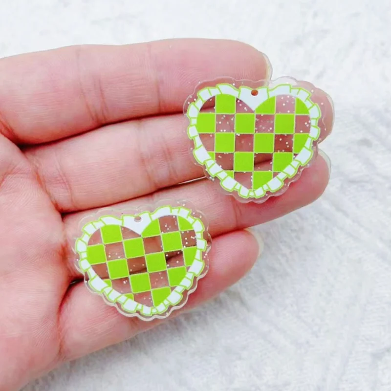 10 pieces of acrylic transparent glitter lace checkered printed heart pendant DIY earrings, mobile phone chain jewelry pendant m