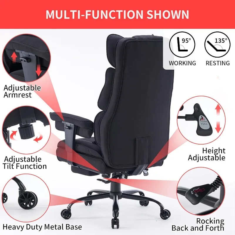 Kursi kantor kain, kursi kantor besar dan tinggi, kapasitas berat 400 lb, kursi kantor ergonomis untuk pereda nyeri punggung, HITAM