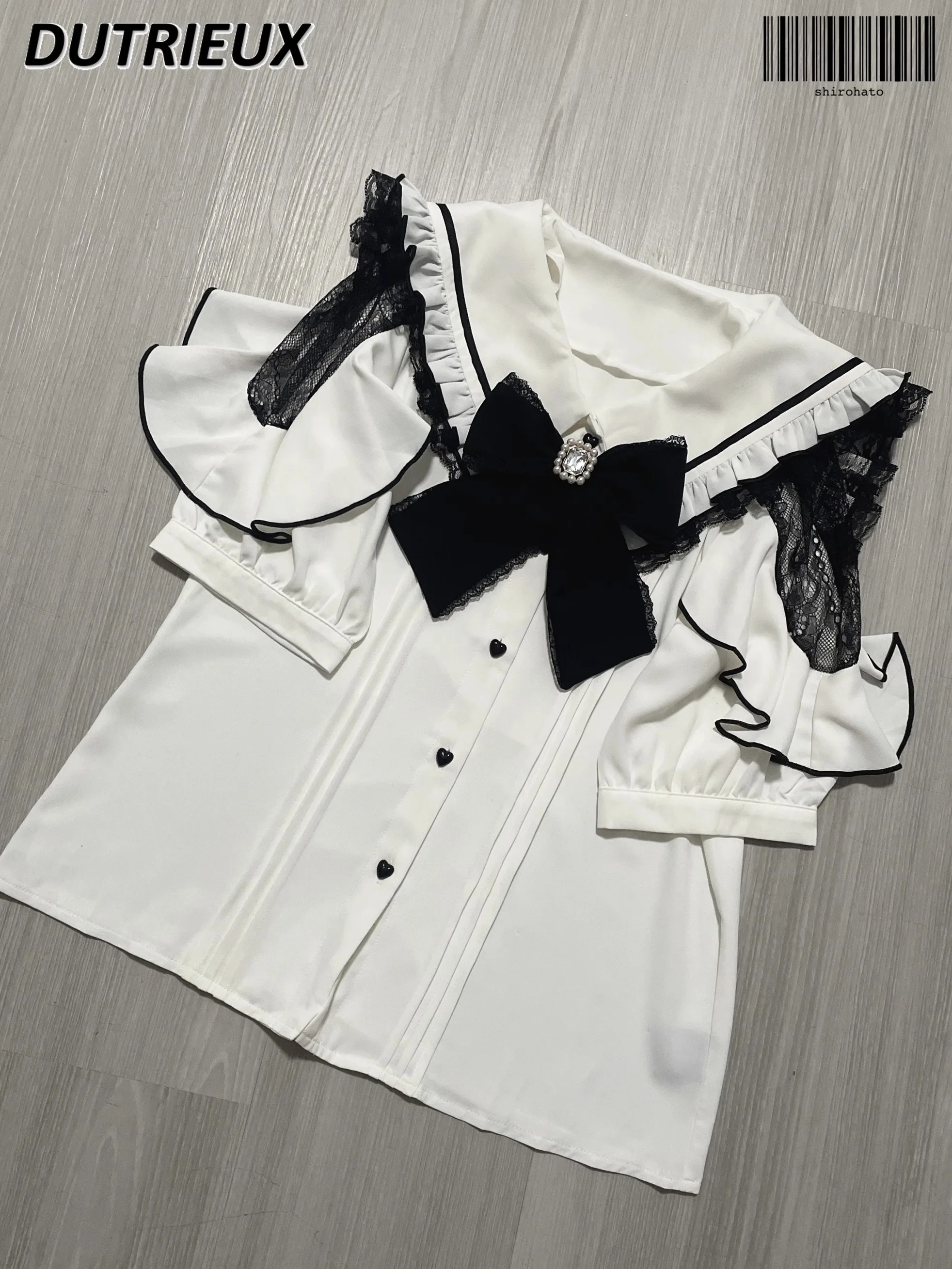 Summer New Lapel Ruffle Edge Off-shoulder Short-sleeved Shirt Sweet and Cute Girls Blouse Solid Color Lace Top Camisas