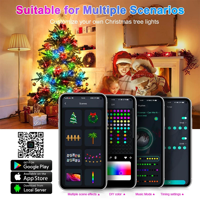 LED RGBIC Weihnachtslicht im Freien für Weihnachtsbaum Lichterkette Smart APP Fernbedienung USB String Beleuchtung IP67 Mehrfarbige Girlande