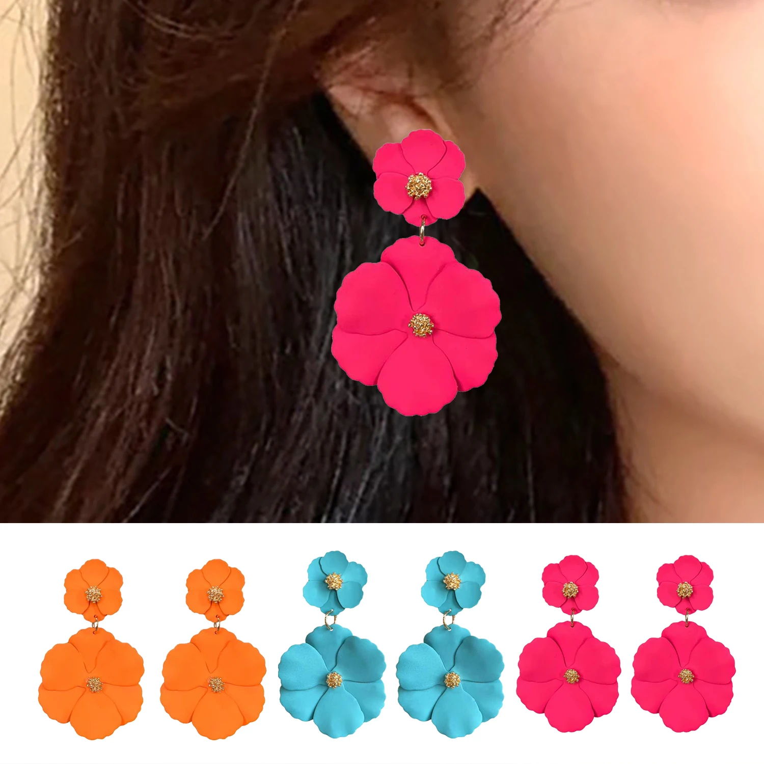 New Fashion Big Flower Drop Earrings for Women Vintage Orange Long Tassel Statement Double Layer Enamel Floral Earring Jewelry