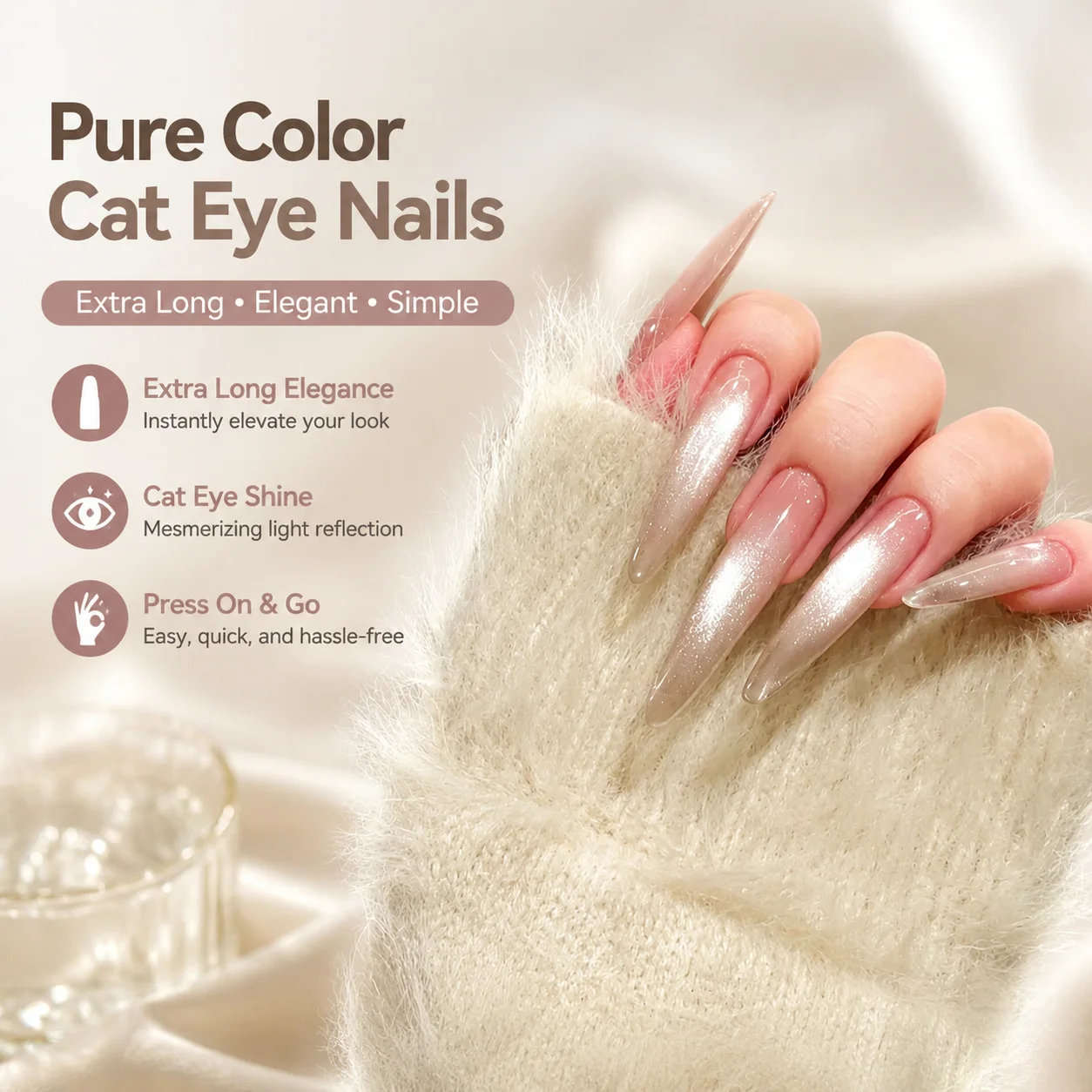 

10PCS Pure Color Cat Eye Press On Nails Extra Long Elegant Simple Style Hand Decor
