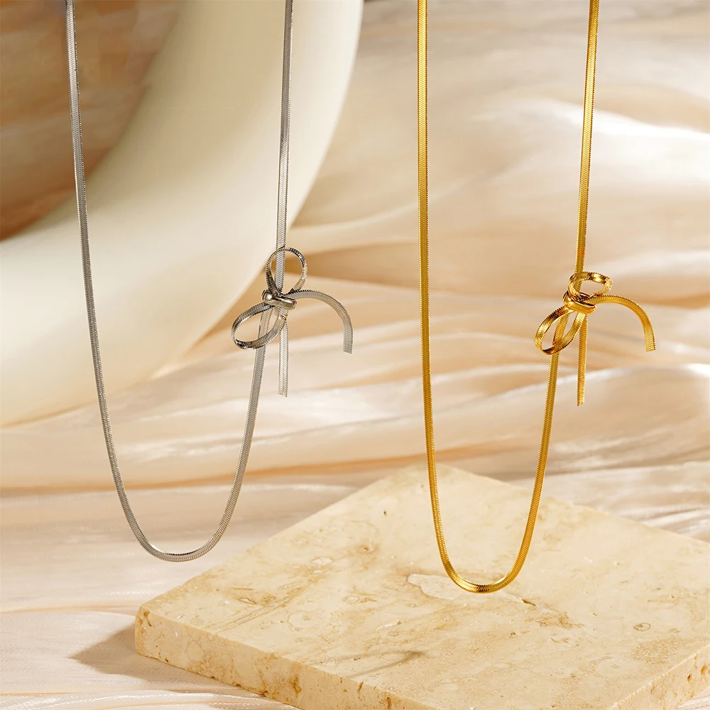 

Fashion Exquisite Bow Collarbone Necklace Party Jewelry Girl High-quality Gift Women's Stainless Steel Snake Bone Chain Necklace