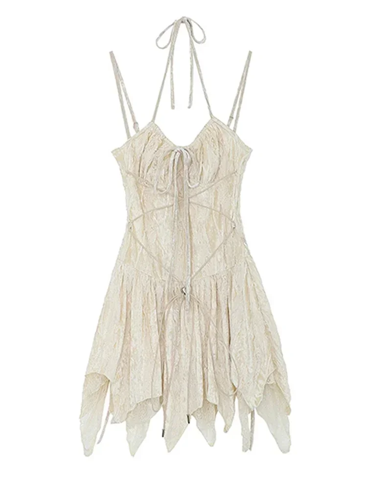 Fashion Irregular V-Neck Women Slim Suspender One-Piece Summer A-Line Tie Up Gothic Y2K Pleated Female Dress Bandage Design Chic