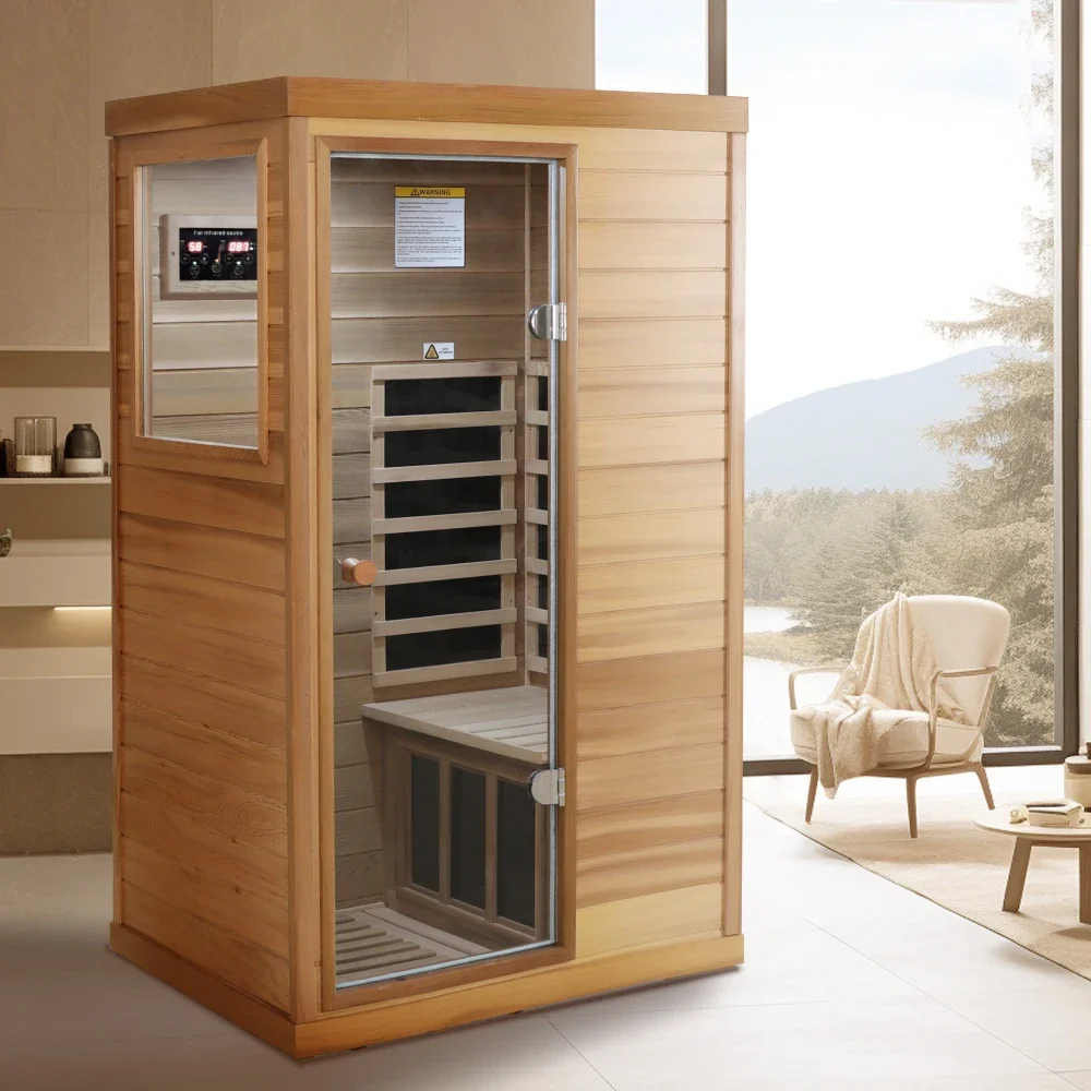 Red Cedar Mini One Person Far Infrared Glass Door on The Left of The Indoor Sauna Room，sauna