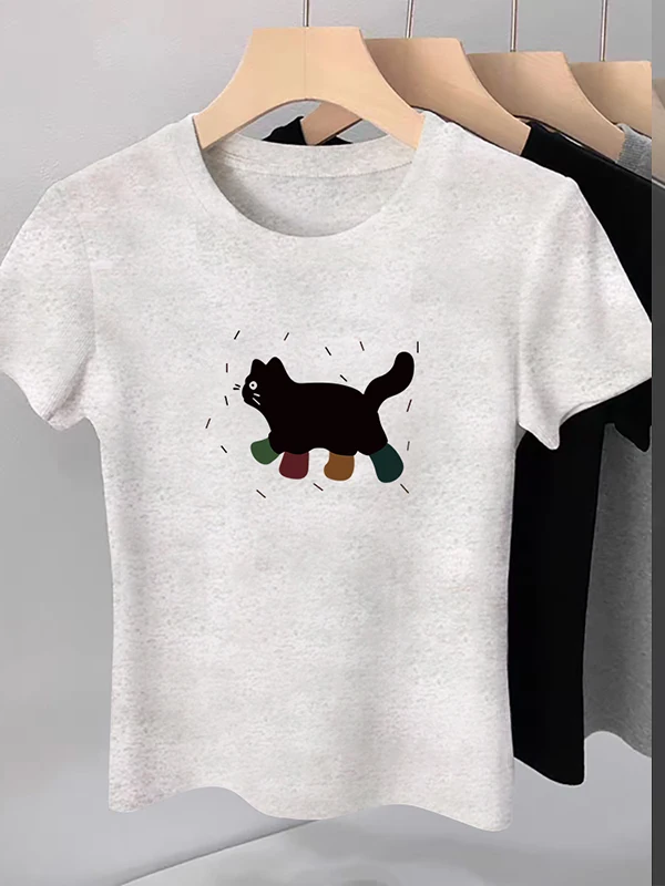 패셔너블한 여성용 캐주얼 슬리 여름 상의 한국 버전 슬림 핏 면 폴리에스터 혼방 라운드 넥