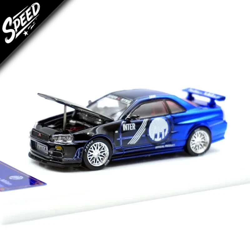 

King Demon в наличии 1:64 Auto GTR R34 Stock Skyline Chrome, литая под давлением диорама, коллекция моделей автомобилей, игрушки