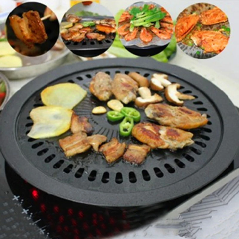 Round Barbecue Plate Tray Iron Bbq Grill Pan Non Stick Barbecues Cooking Plate Portable Grill Rack Pan Stovetop For Home Travel