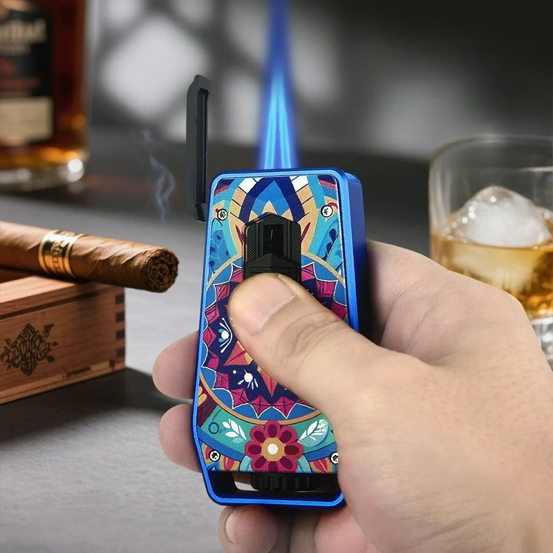 Briquet torche à gaz Butane à Double Jet en métal, flamme bleue, fenêtre à gaz Visible, allume-cigare Portable pour l'extérieur, Gadgets pour fumer