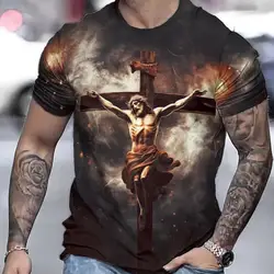 Camiseta con estampado 3D de Jesús para hombre, ropa de calle informal de manga corta, Harajuku, cuello redondo, Tops de gran tamaño, moda de verano