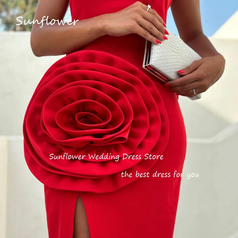 Sunflower Simple Red Sweetheart 3D Flowers Crepe Mermaid Prom dress 2024 Slim Backless Ankle-Length Formal Evening Dress