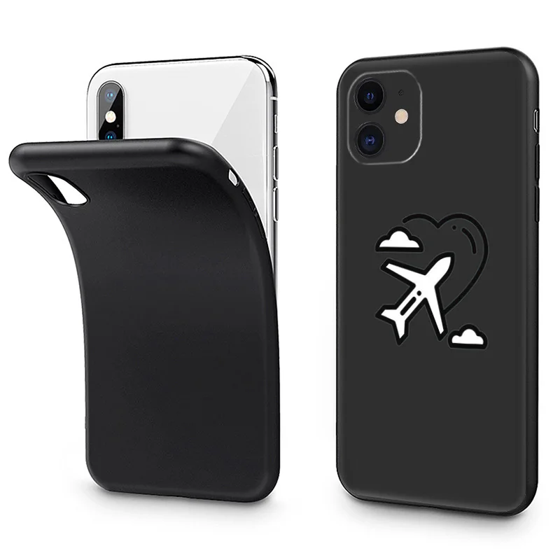 Black Matte Phone Case for iphone 16Pro 15 14 13 12 Mini 11 Pro Max 7 8 Plus X XS XR Airplane Heart World Map Rocket Soft Cover image 5