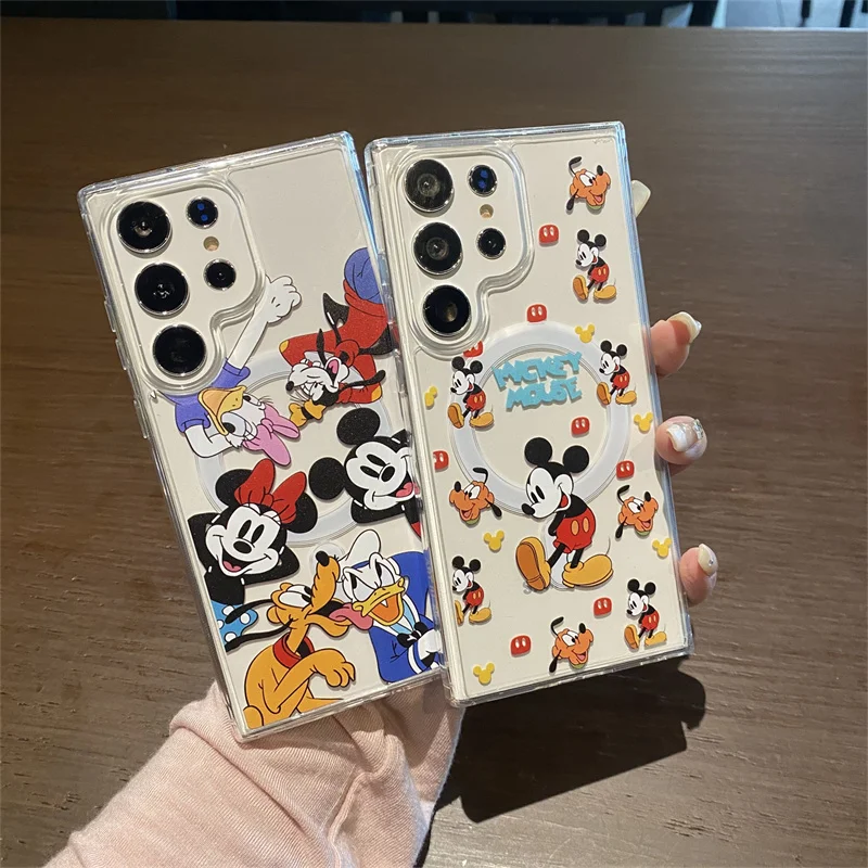 Cute Mickey Minnie Donald Duck Disney Magsafe Wireless Charge Clear Case For Samsung S22 S23 S24Ultra Plus Magnetic Stand Case