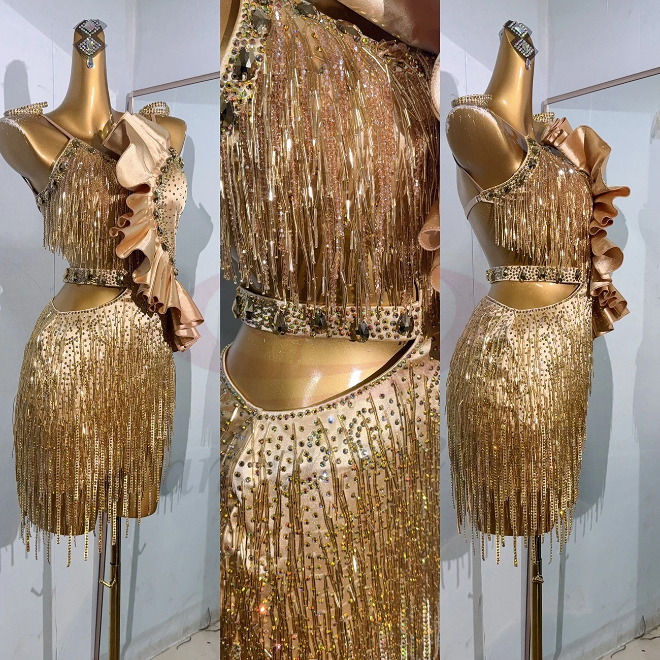 

Профессиональное платье для латинских танцев, высококачественный плиссированный воротник с листьями лотоса на заказ, стандартный сценический костюм для танго для женщин и взрослых и детей