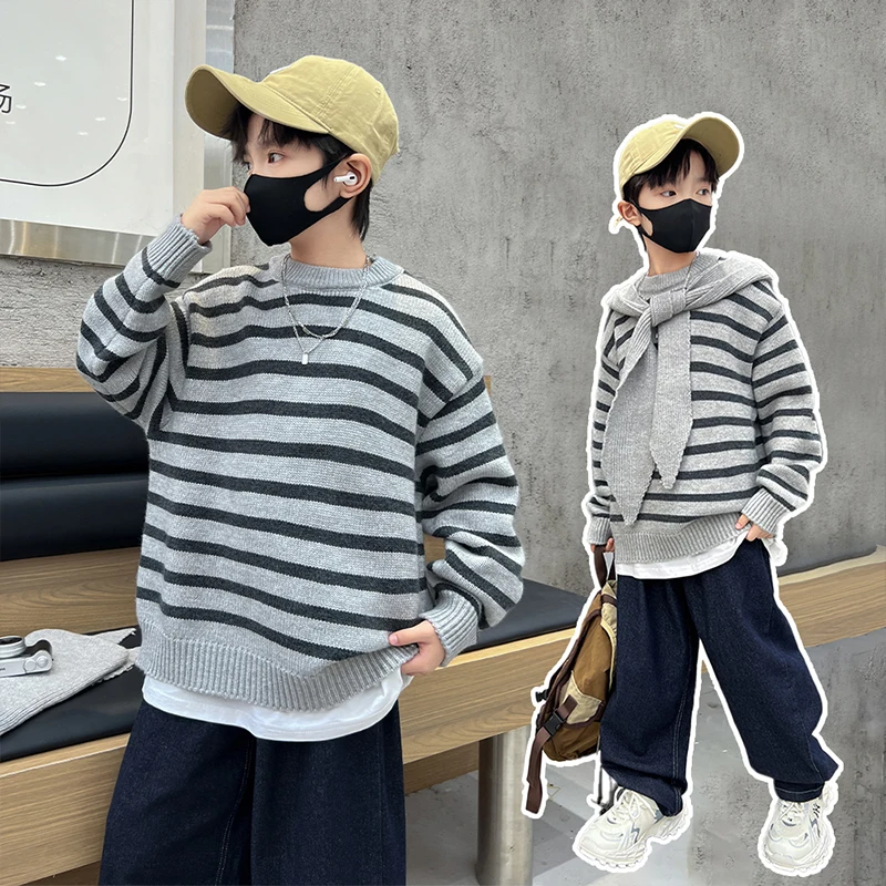 

Kid Sweater Age 4-14Y Baby Boy Casual Fashion Spring Autumn Knitwear+Hat Tween Stripe Daily Outfit Child Korean-Style Pullover