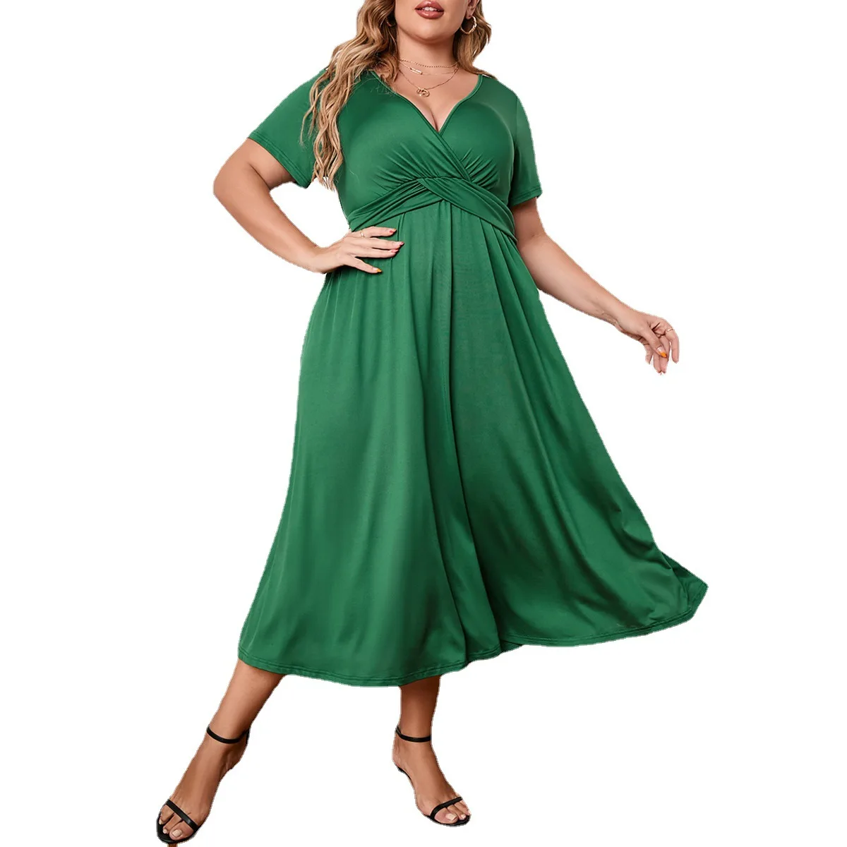 

Women Dress V Neck Short Sleeves Robe Waist Belt Solid Color Dress Autumn Female Elegant Party Long Gown Clothing