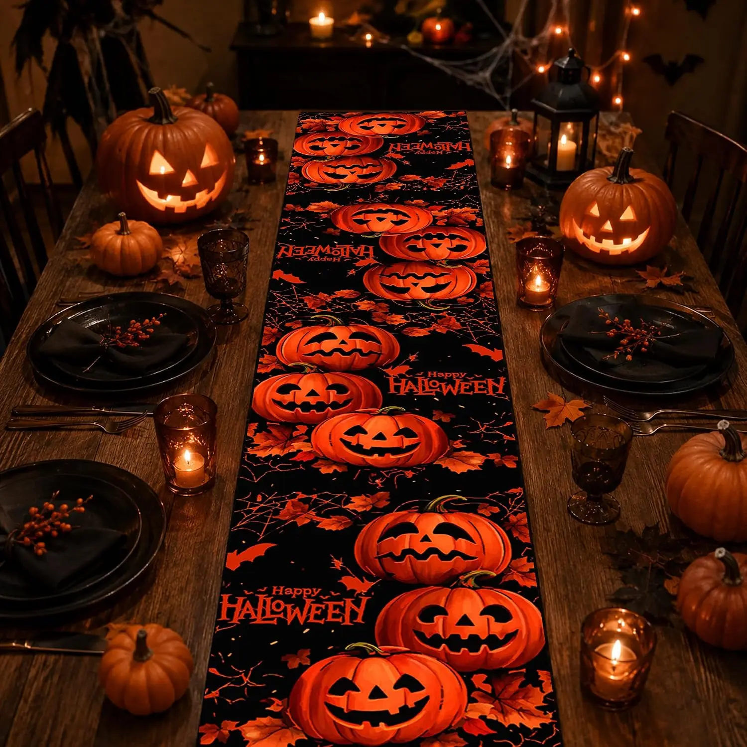 Happy Halloween Pumpkin Table Runner, Spooky Party Favors Indoor Outdoor Home Kitchen Dining Office Decor