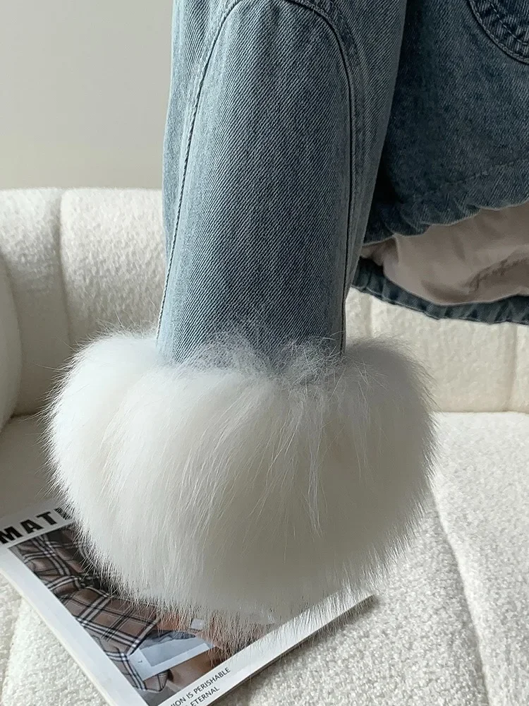 New Denim Fur Jacket, White Fox Lapel Goose Down Jacket