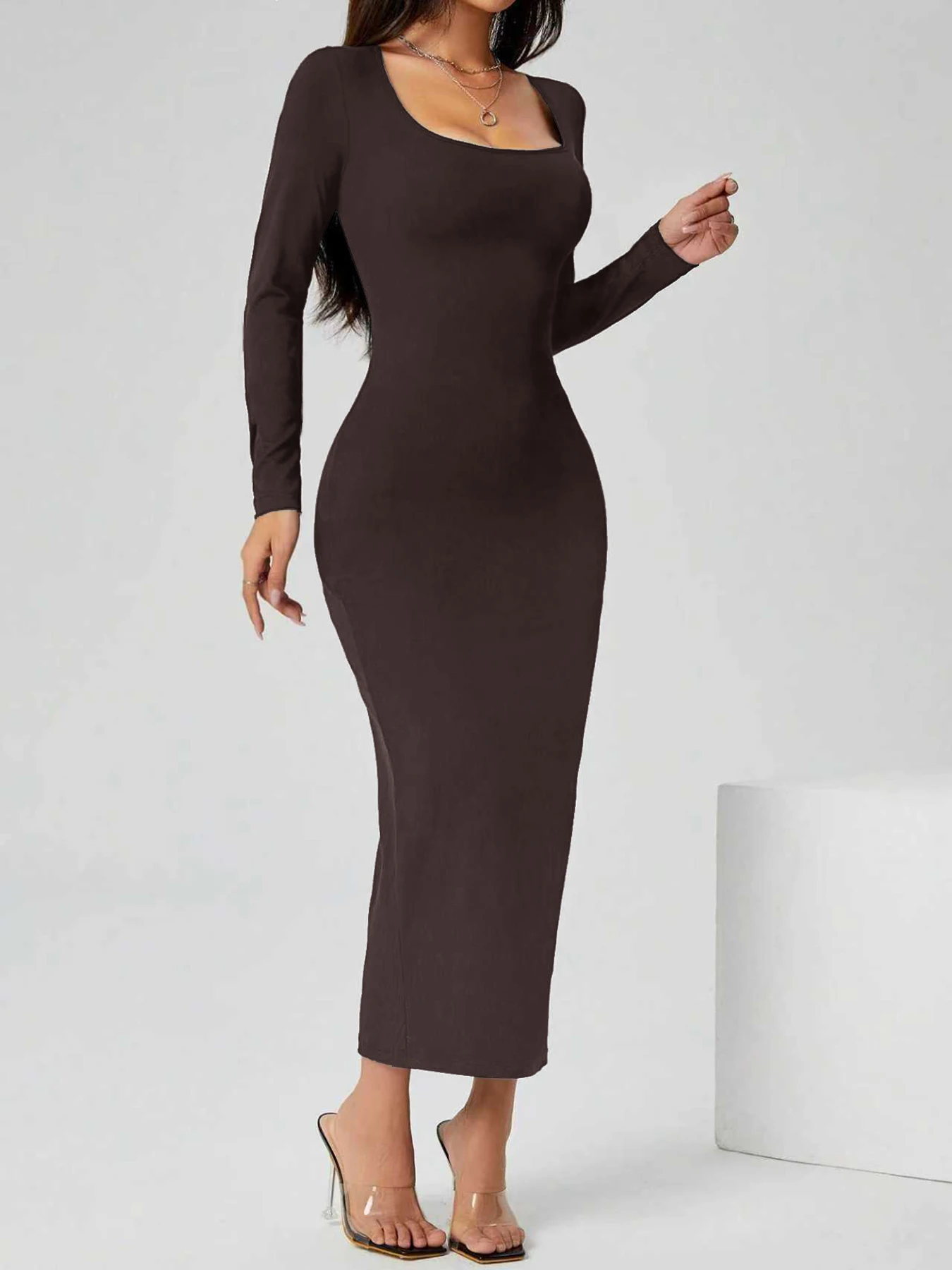 Damen Geripptes Strick-Bodycon-Midikleid Quadratischer Ausschnitt Langarm Schlanke Passform Party-Abend-Bleistiftkleid – Detail 2