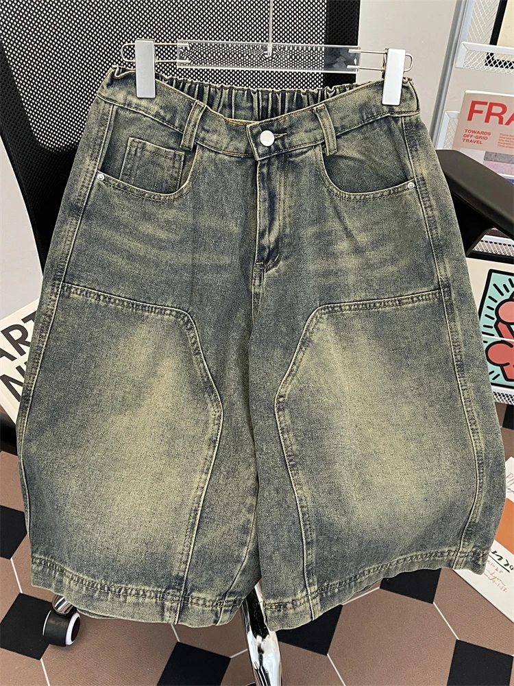 Retro American Street Washed Denim Shorts Men's Casual Loose Wide Leg Seven-Foot Trendy Jeans Summer Fashion mid Waist