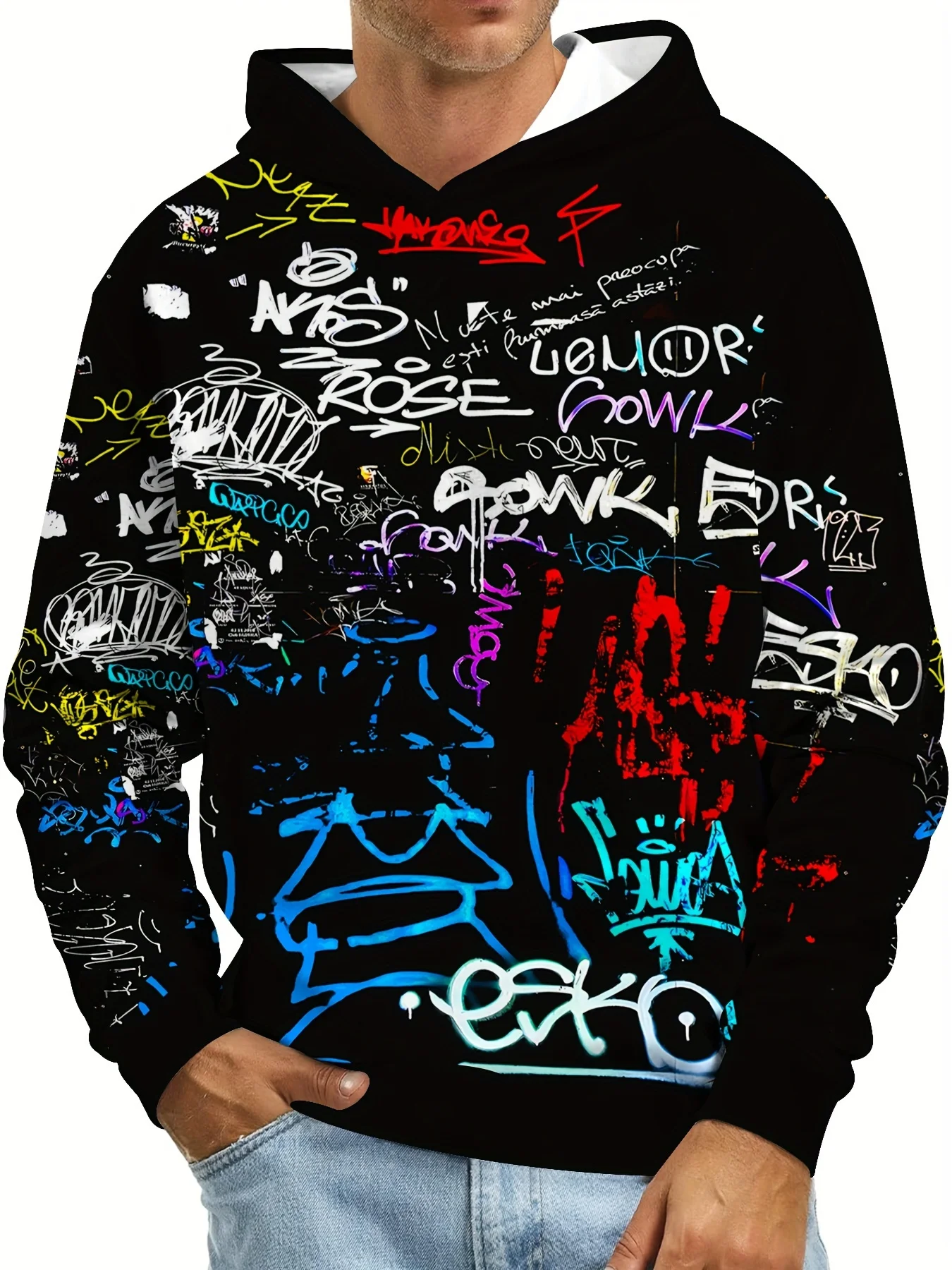Hip Hop Street Hoodie Men All Over Back Print Colorful Graffiti Tag Abstract Letter Font Oversized Drawstring Pocket Sweatshirt