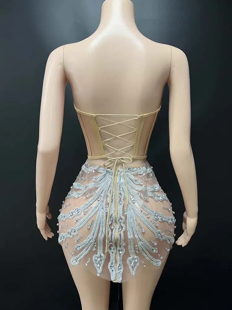 Luxuriöses, elegantes, rückenfreies, sexy Mini-Abendkleid für Geburtstagsfeiern, Veranstaltungen, durchsichtige Mesh-Tänzer führen Karnevalskostüme durch