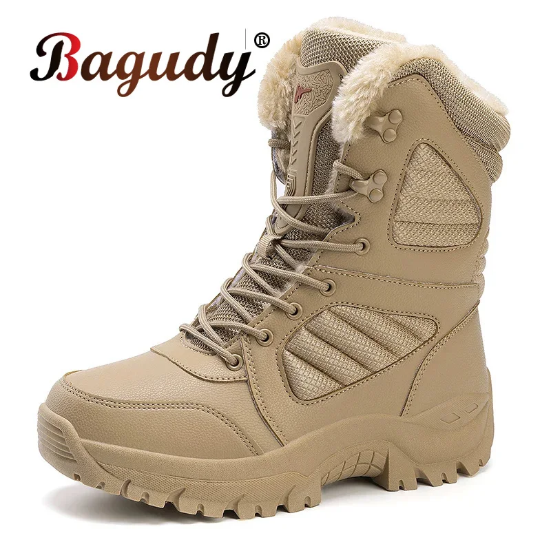 

New Warm Plush Snow Boots Men Lace Up Casual High Top Men's Shoes Waterproof Winter Boots Anti-Slip Ankle Boots Army Work Shoess