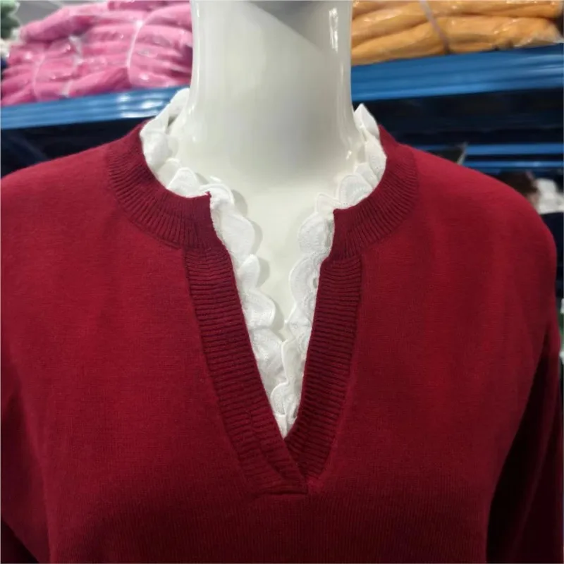 Women's Lace V-neck Long Sleeve Knitted Sweater Autumn Winter Warm Fashionable Solid Loose Knitwear for Women