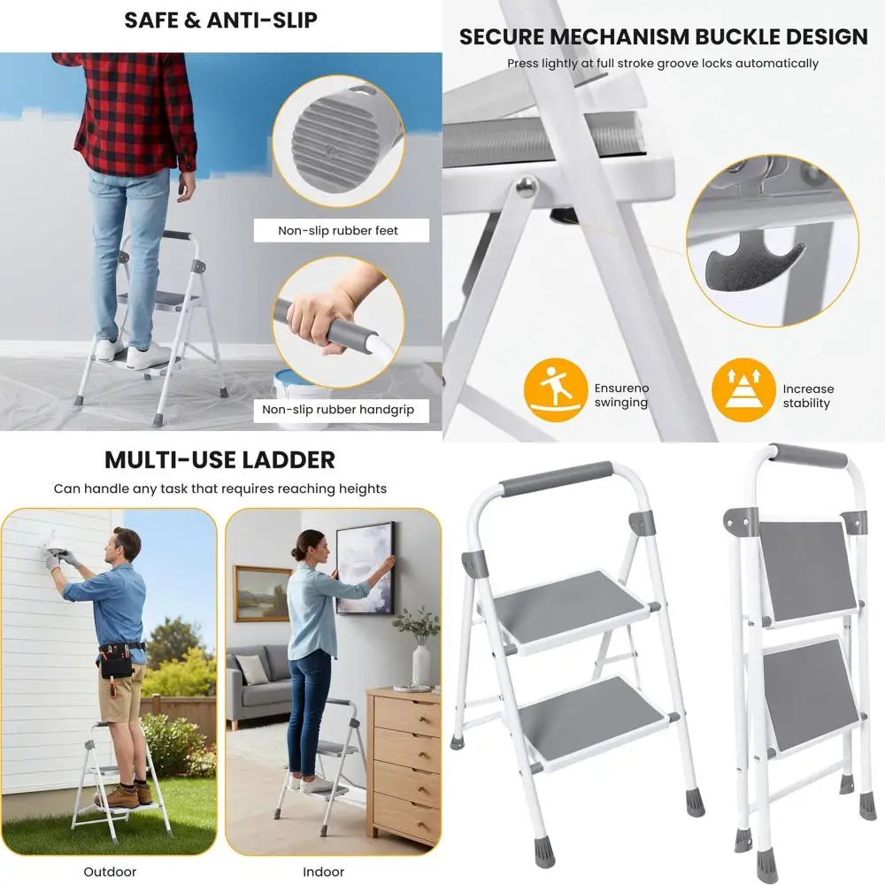 

Двухступенчатая складная стремянка, металлическая стремянка-табурет для тяжелых нагрузок до 150 кг с противоскользящими педалями и безопасной ручкой, портативная маленькая лестница