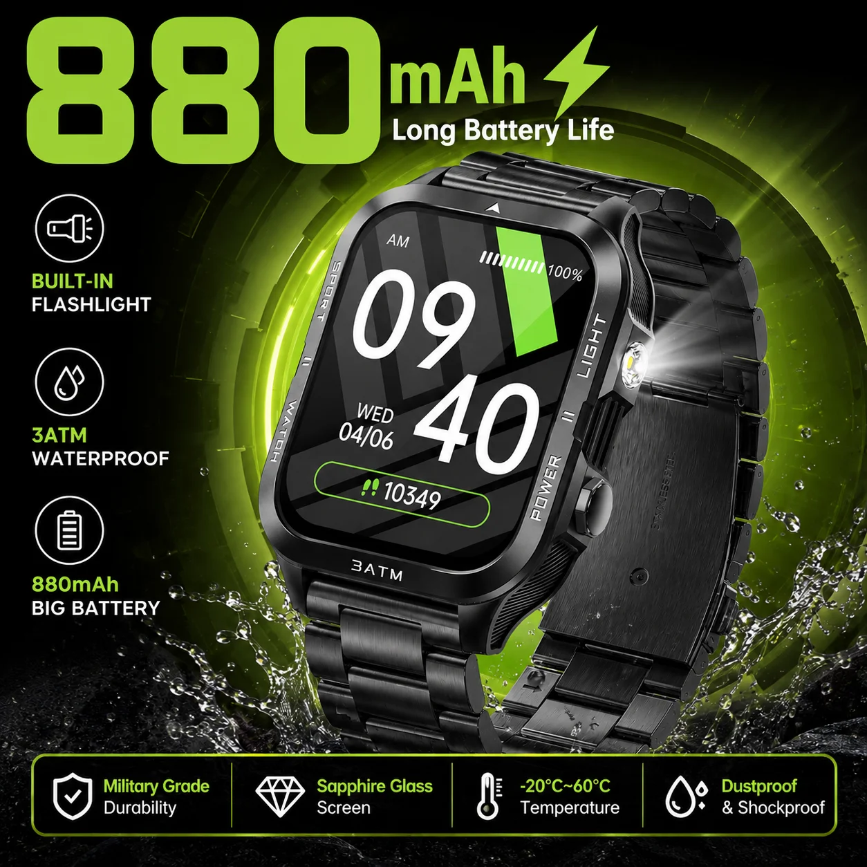 

LIGE Fashion Smartwatch Men Sports 880mAh Battery Bluetooth Call Health 1.96-inch Screen Flashlight 3ATM Waterproof Smart Watch