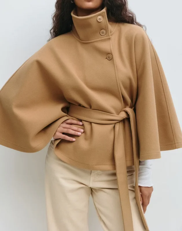 

vintage cape jacket with belt stand neck single breasted loose coat loose flare sleeve early lady autumn Y2K outwears w06