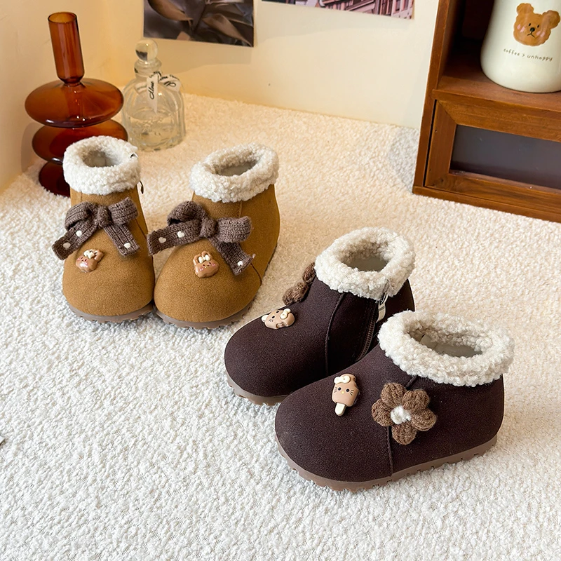 

Girls Short Boots Cute Bows Kids Princess Boots with Thick Fur 2025 Winter New Children Ankle Boots Round Toes Soft Sole Sweet